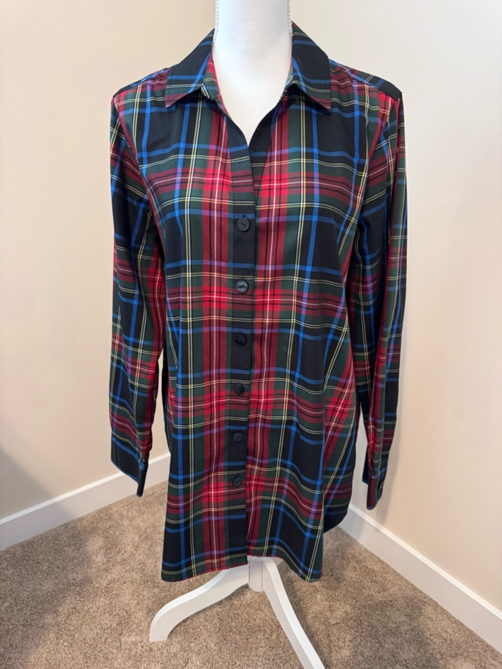 Classic Plaid Button-Up Shirt in Red, Green and Black by Foxcroft for Appleseeds